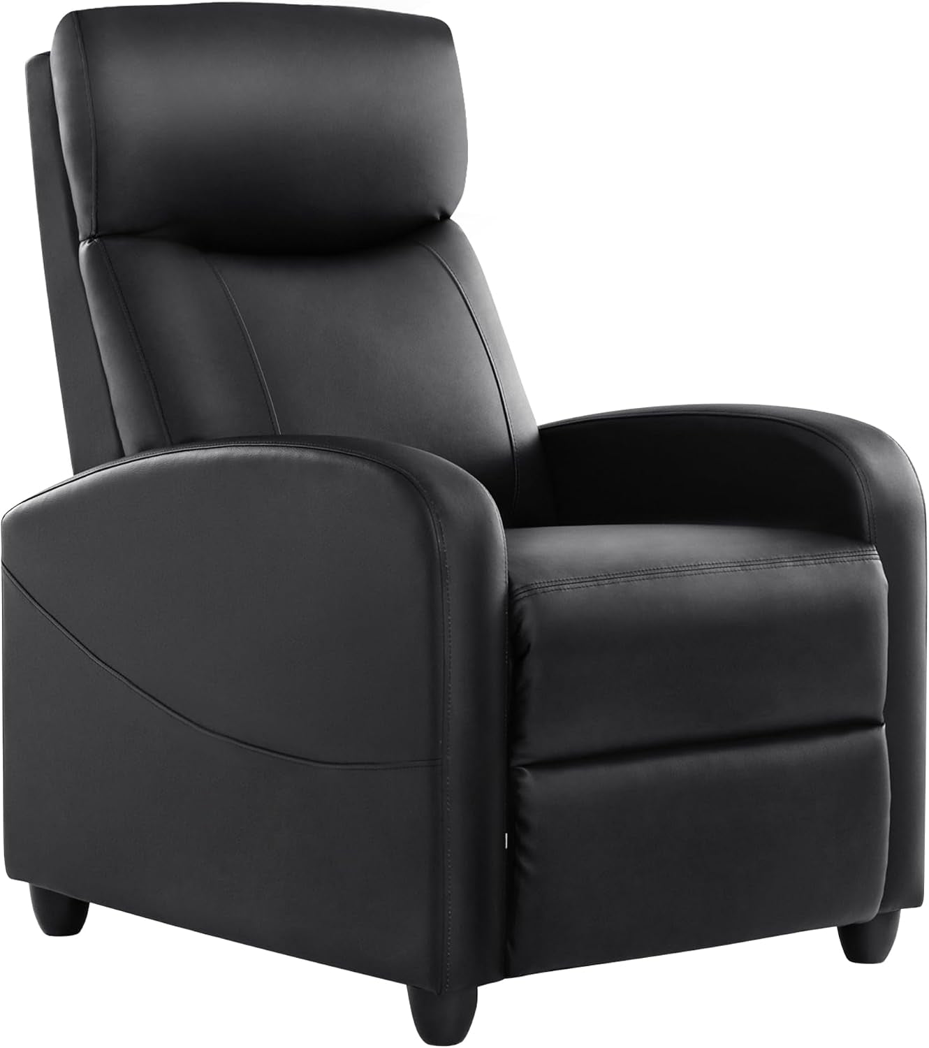 Three-quarter front-left view of a black reclining chair with tall padded headrest and smooth upholstery.