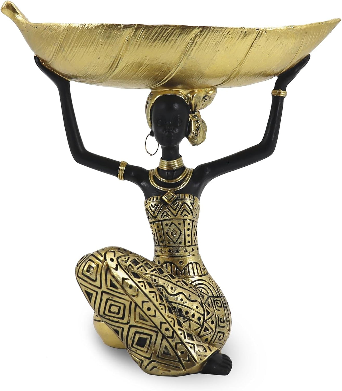 Front view of a black-and-gold woman statue kneeling and lifting a long gold tray above her head.