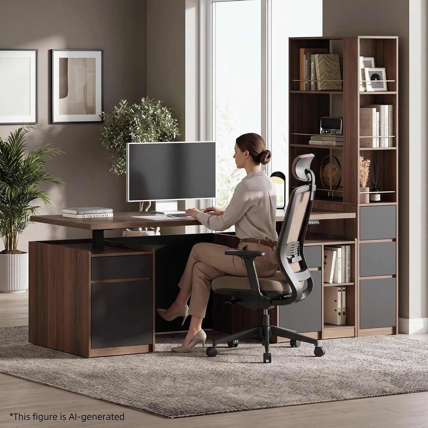 Walnut desk and tall narrow bookcase shown with seated woman using a monitor, side view in a bright office