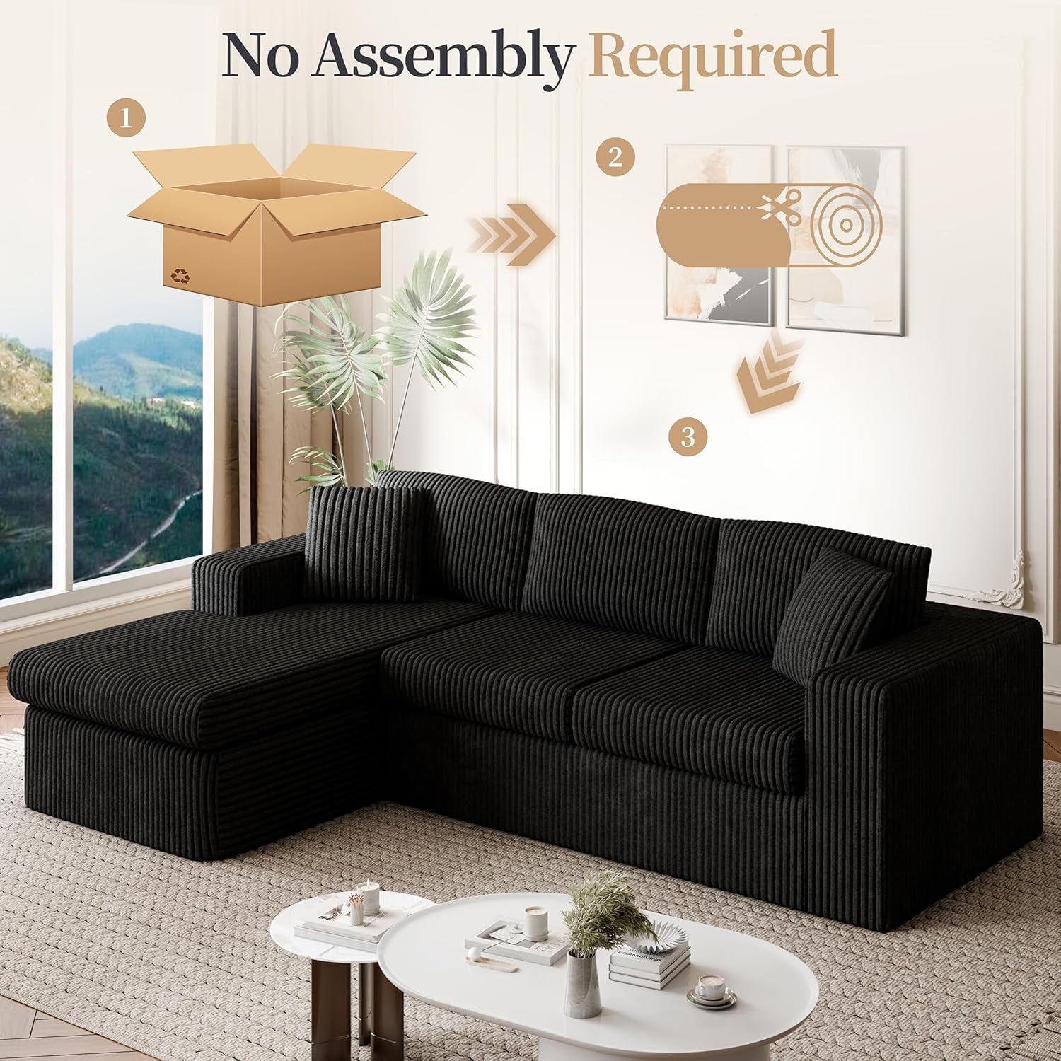 105" Boneless Couches for Living Room, Sectional Couches Modular Sofa with L-Shaped Chaise, Memory Foam Comfy Cloud Couch with Plush Corduroy Fabric, No Assembly Required, Black