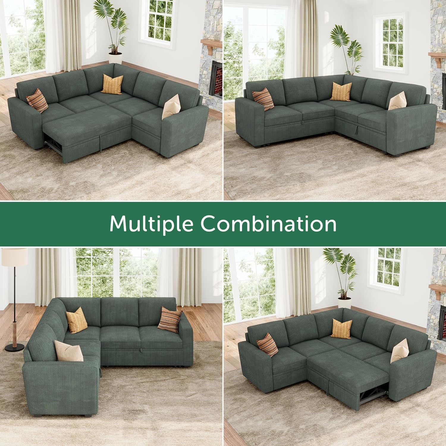 Modular Sectional Sleeper Sofa with Pull Out Bed, Corduroy L Shaped Couch with Storage, Sectional Couches for Living Room, Green