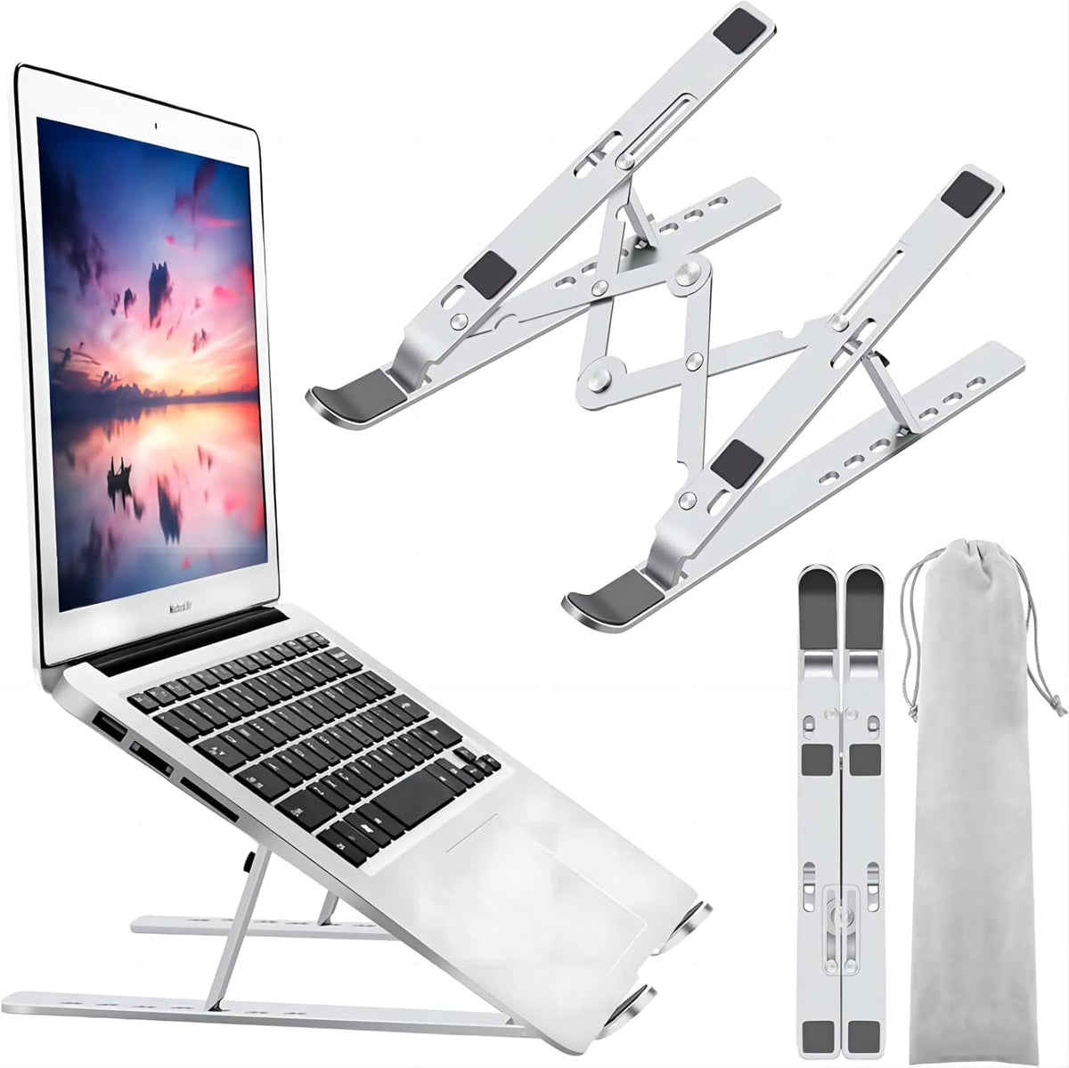 Silver adjustable laptop stand shown holding a laptop at an angle with folded pair and a gray storage bag beside it