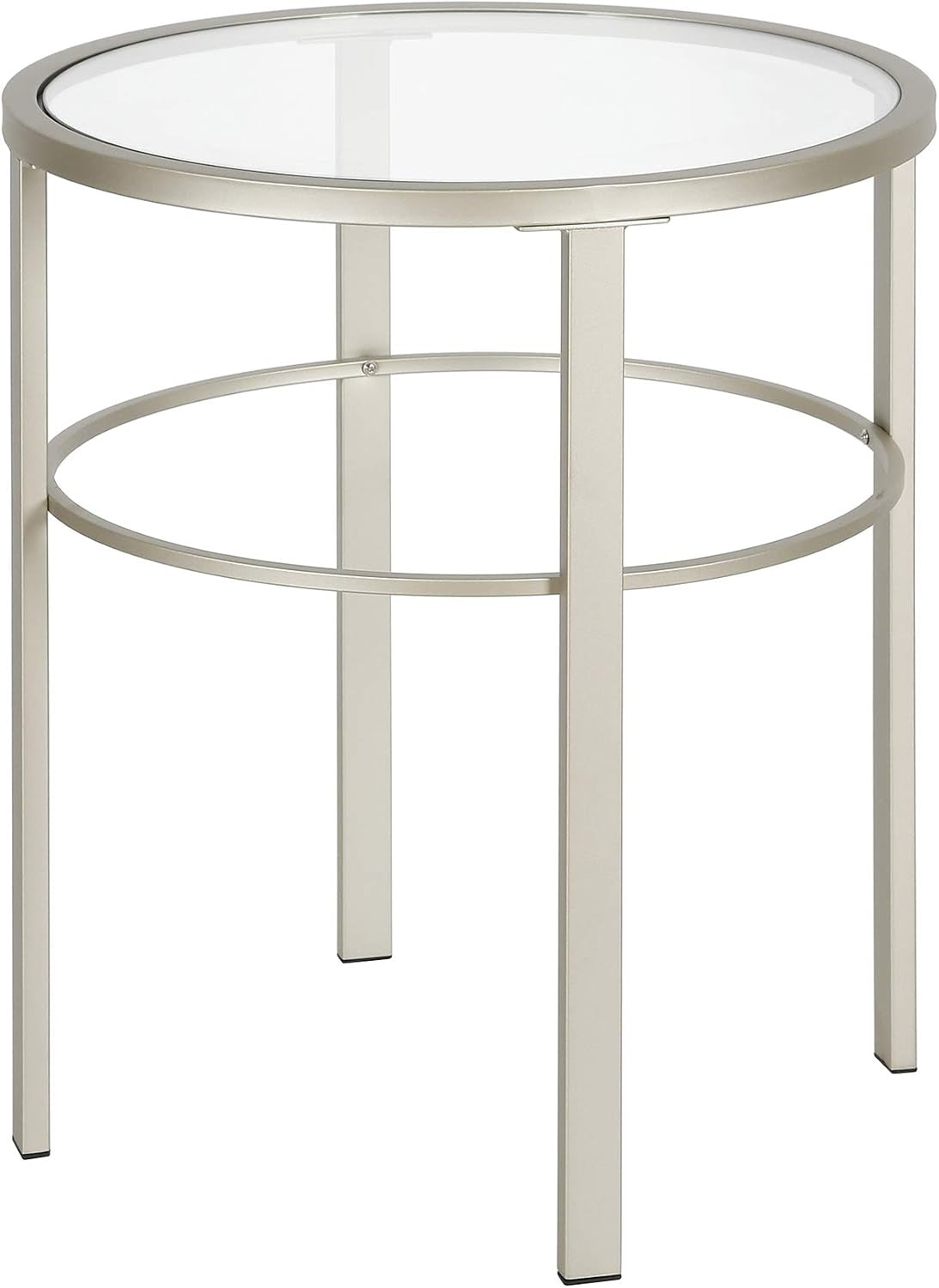 Single round side table with clear glass top and pale metallic frame shown against white background.
