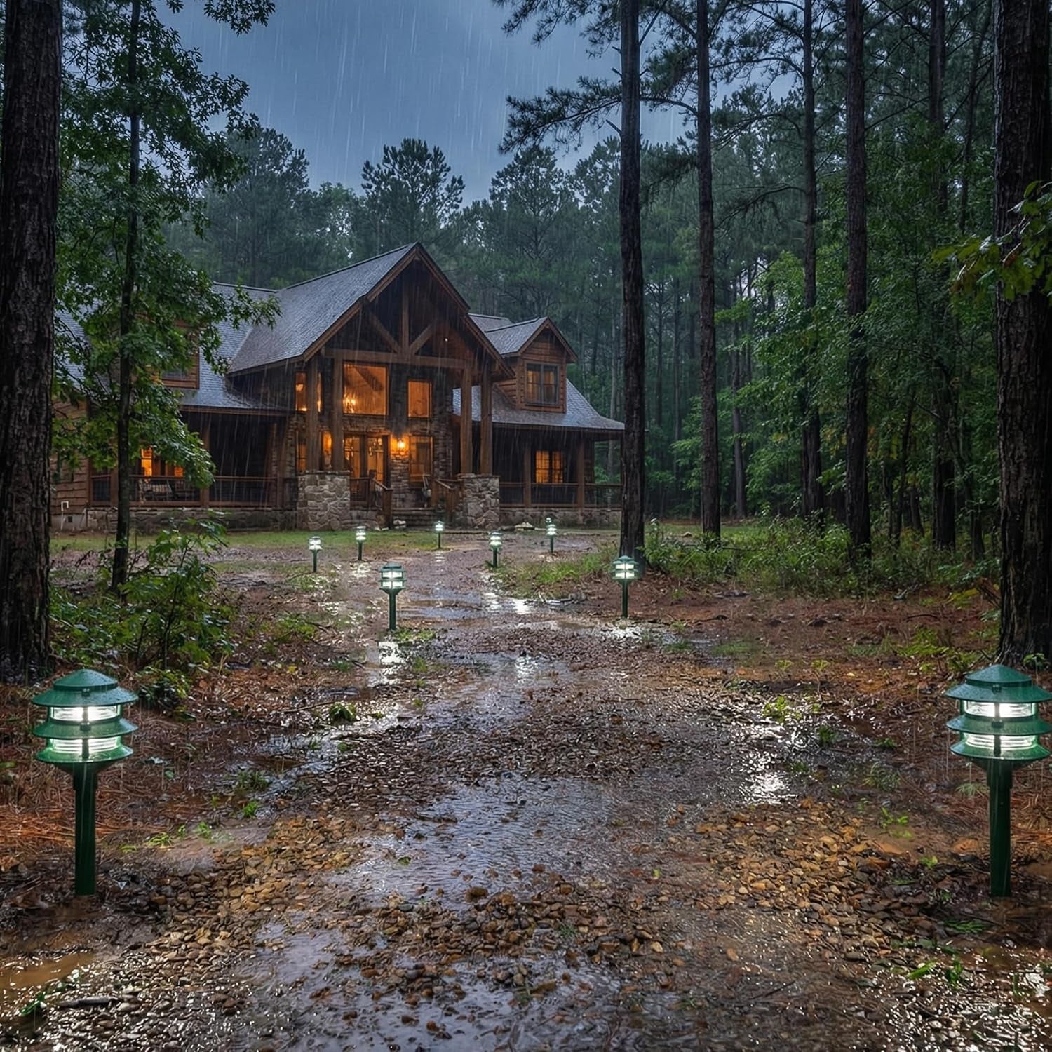 Gravel path through woods lit by multiple low post lights on a rainy evening leading to a lit cabin.