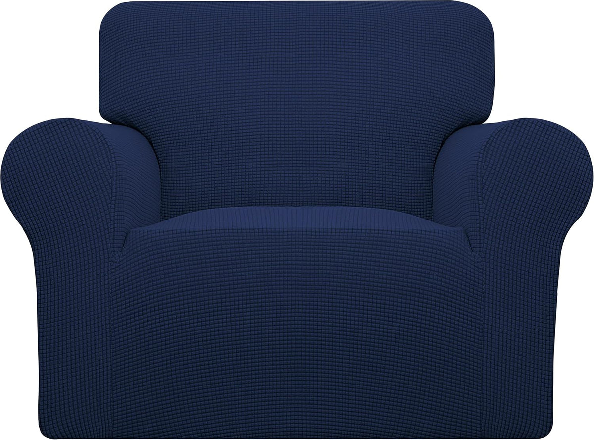 Front-facing loveseat covered in a dark navy textured stretch slipcover on white background