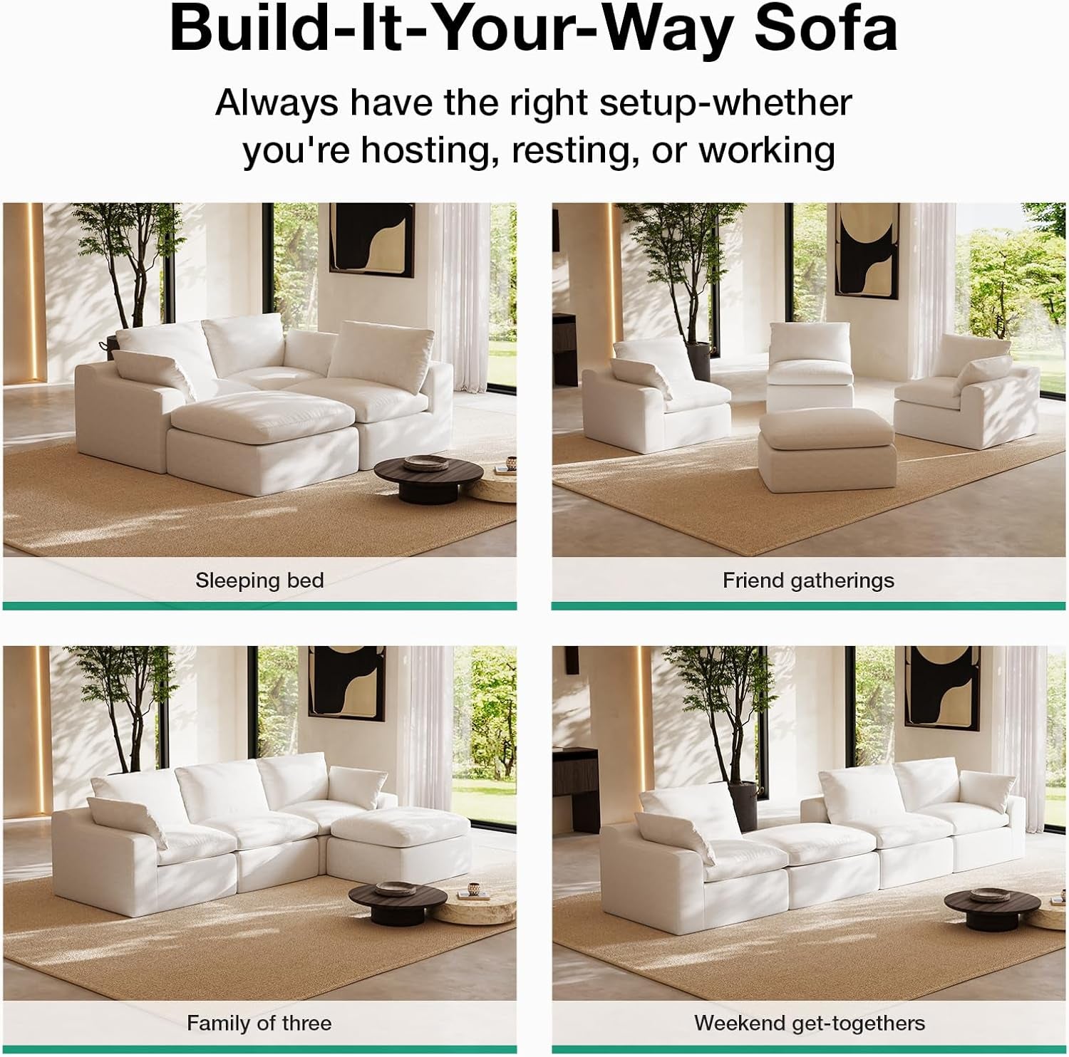 104.3" Modular Cloud Couch, Modern Sectional Sofa with Smarts Coil® Support, Chenille Fabric, Upholstered Couch for Living Room Apartments Bedroom, No Assembly, 3 Seater + 1 Ottoman, White