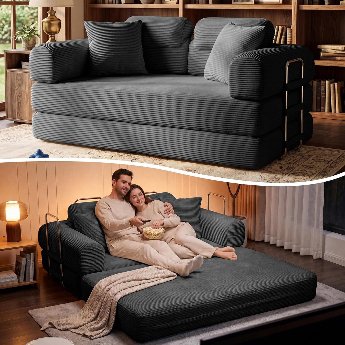 Dark gray loveseat shown both as a sofa and converted into a low bed with a couple lounging on it