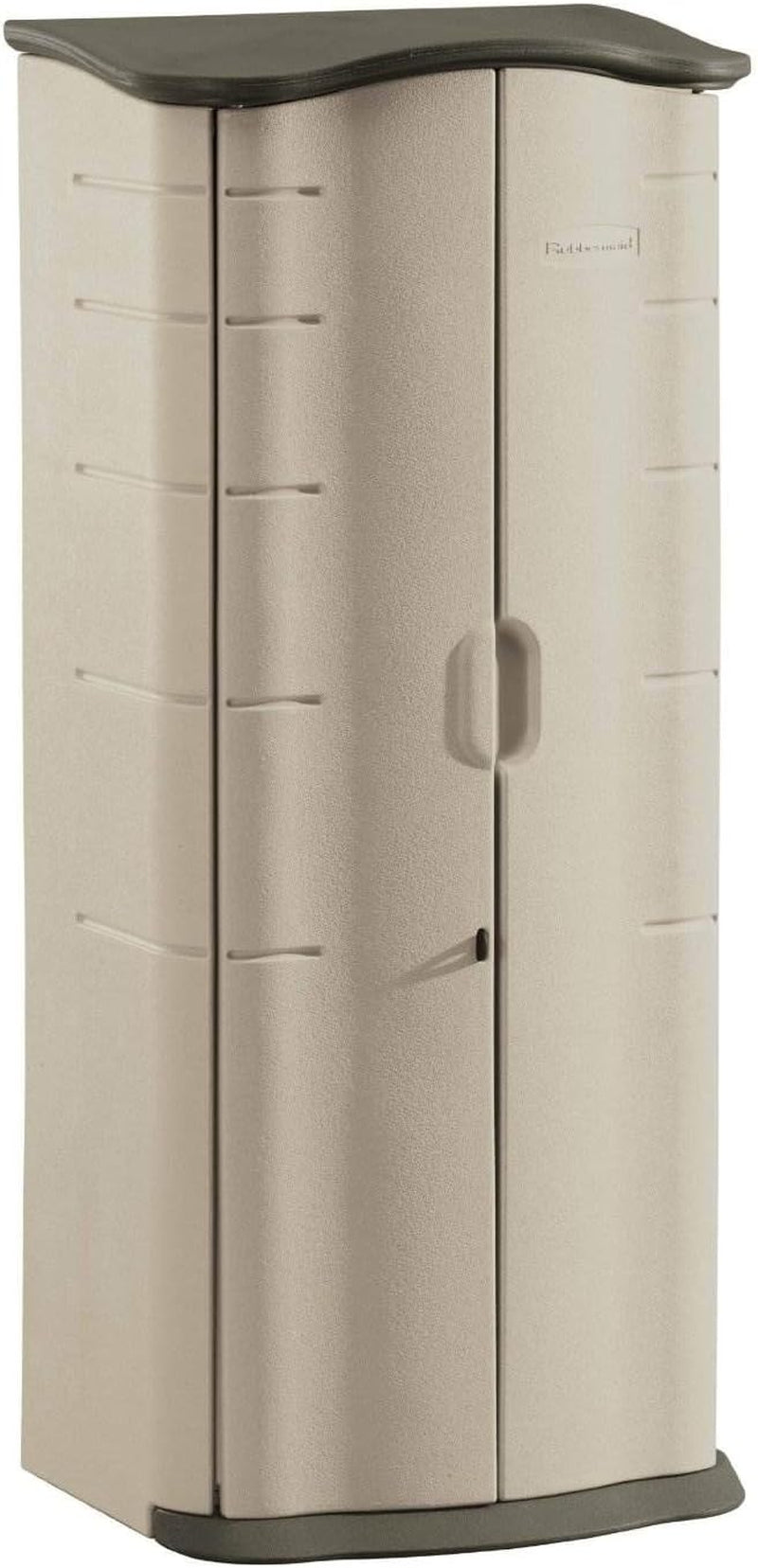 Beige and brown vertical resin storage shed front view with closed doors and dark curved top