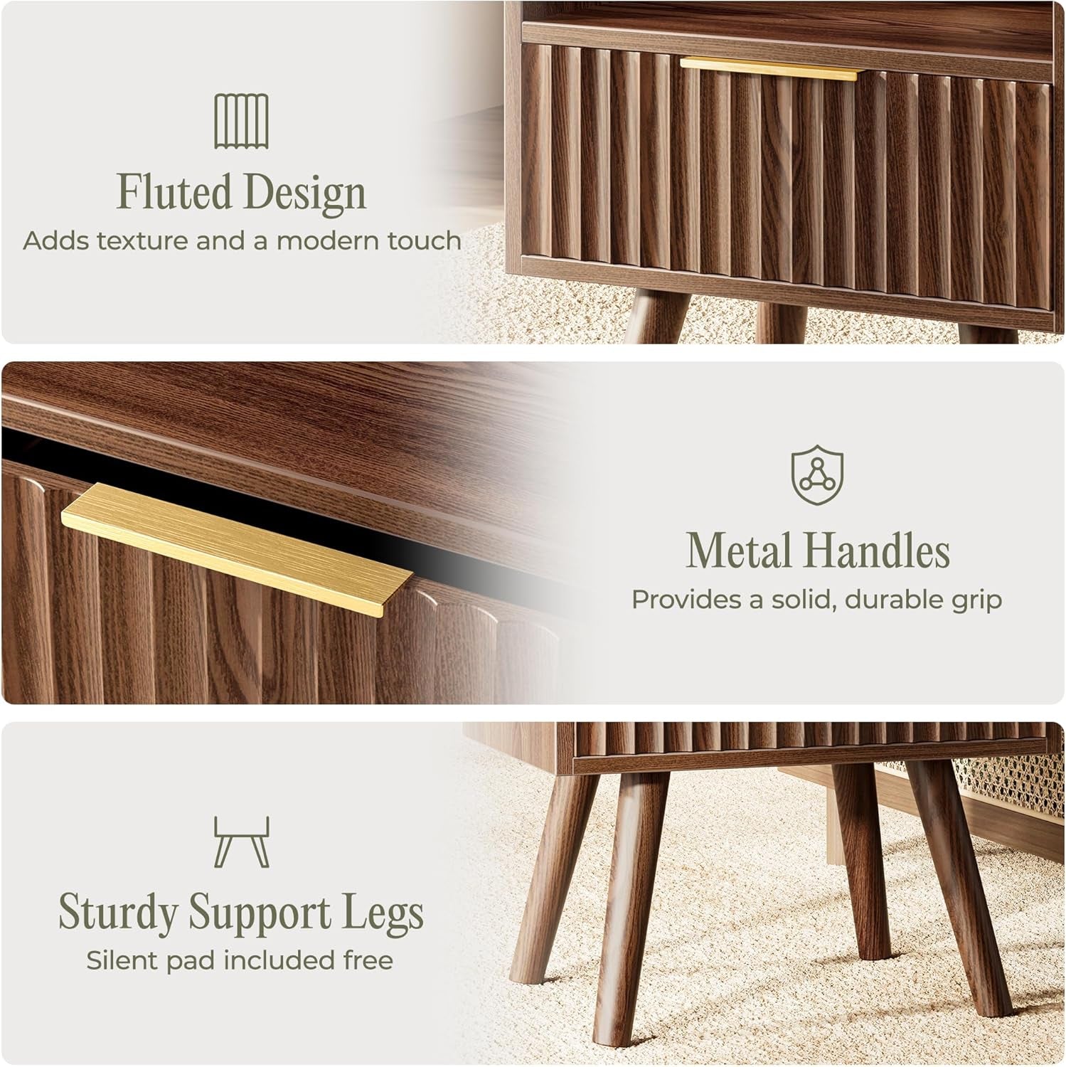 Three close-up panels showing fluted drawer front, gold metal handle, and tapered wood legs