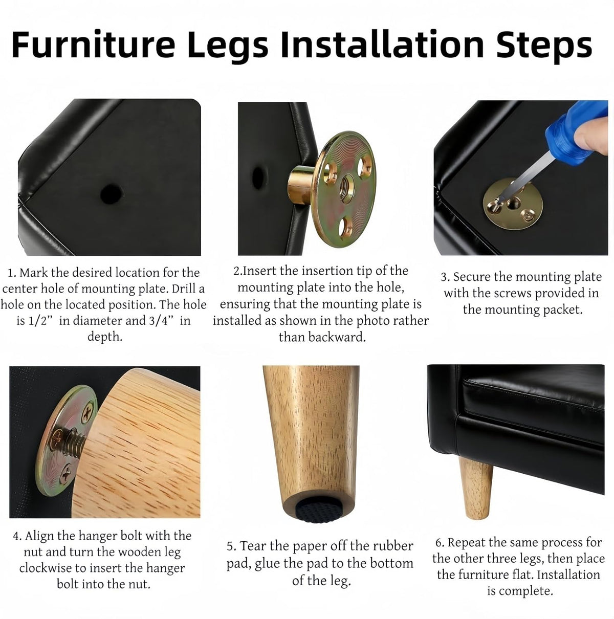 Installation collage showing drilled pilot hole, mounting plate insertion, screws and a wooden leg being attached to a frame