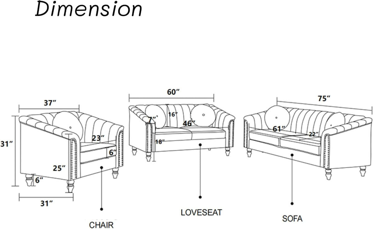 Line-drawing diagram showing labeled dimensions for the chair, loveseat, and sofa in the 3-piece set