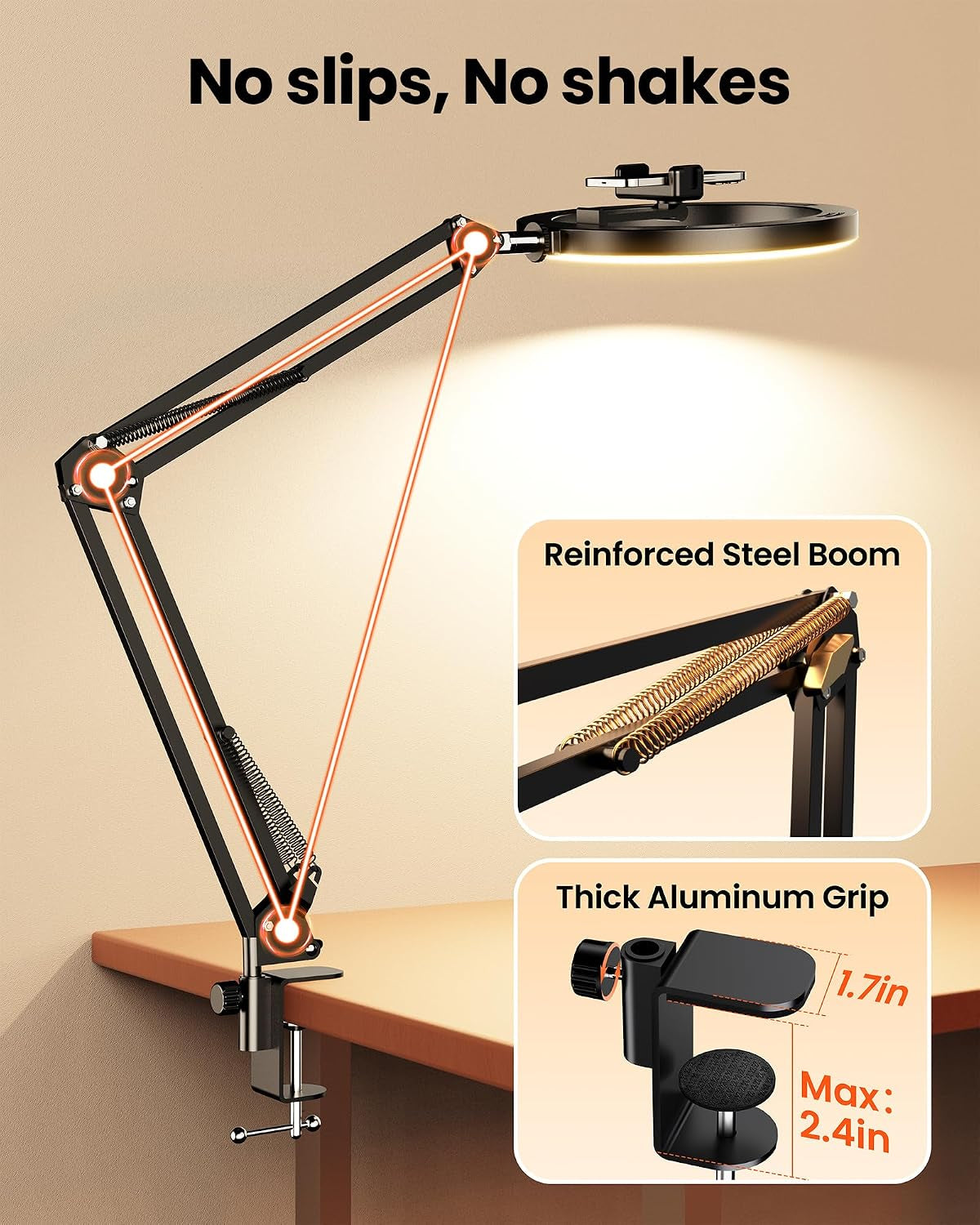 Articulating arm viewed from the side with highlighted pivot points and visible tension springs