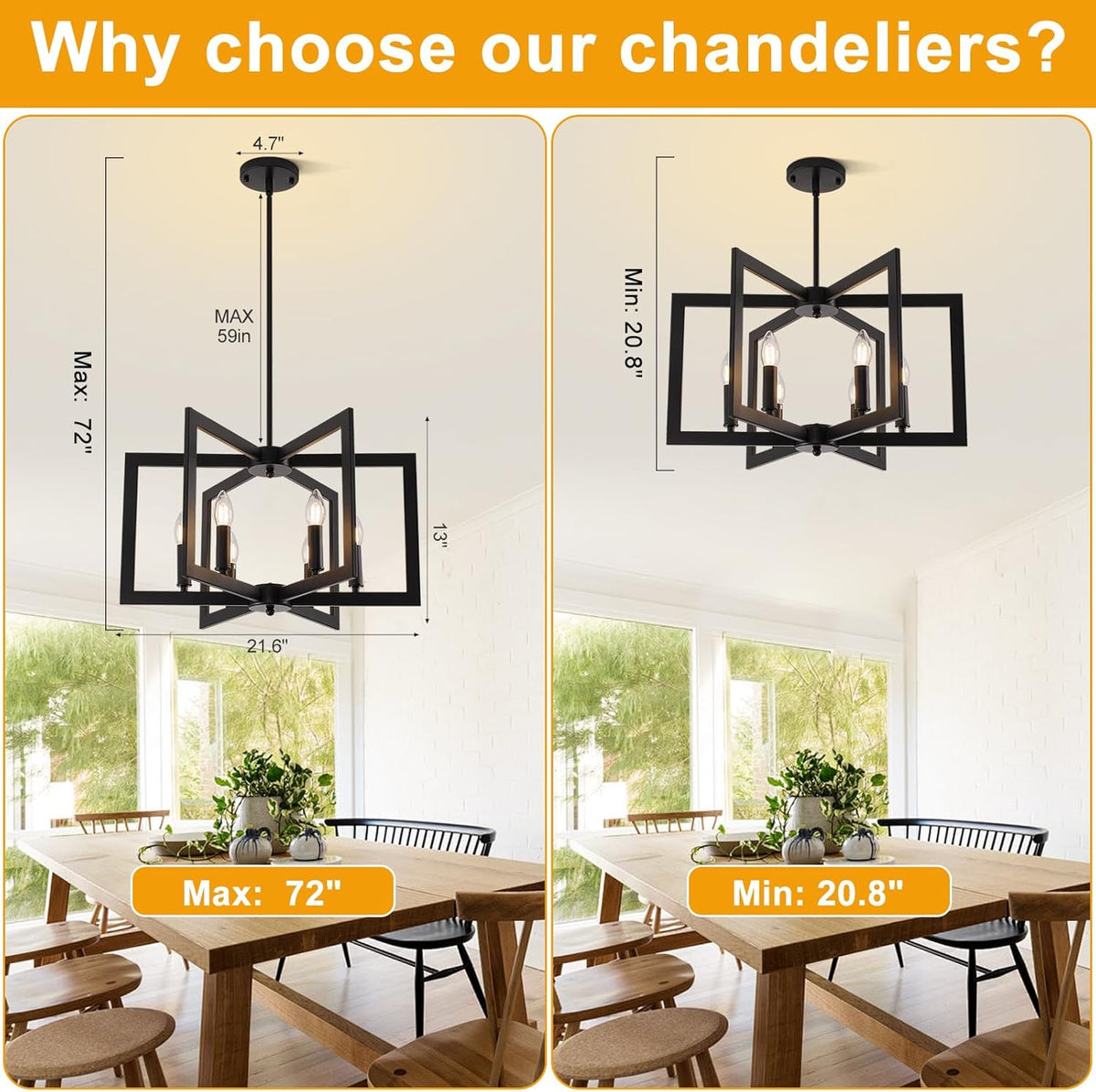 Two diagrams showing the chandelier with height and width measurements and maximum/minimum drop examples.