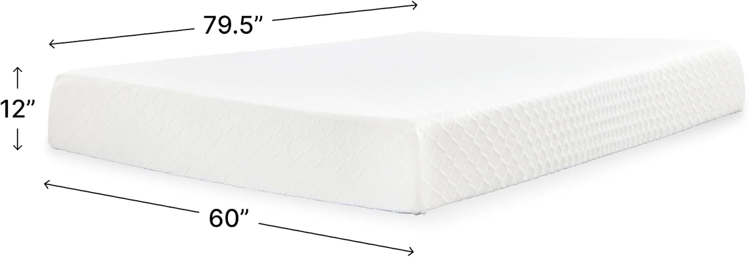 Angled white mattress with arrows showing measurements 60 in W by 79.5 in D and 12 in height on a white background