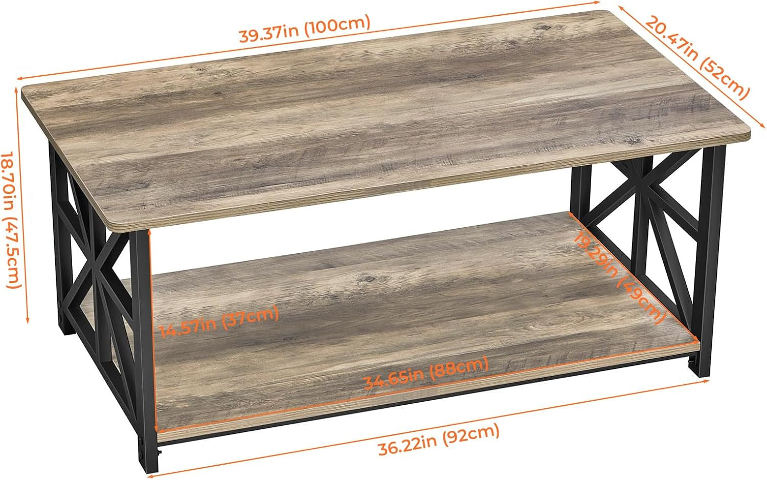 Top perspective of the table with orange measurement lines and arrows indicating overall and shelf dimensions