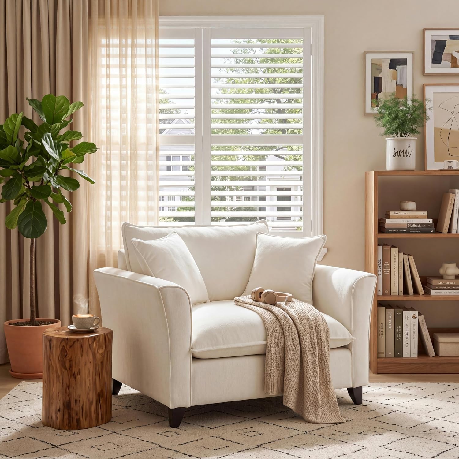 Cream chenille accent chair staged by a window with throw and headphones on the arm, angled front-left view