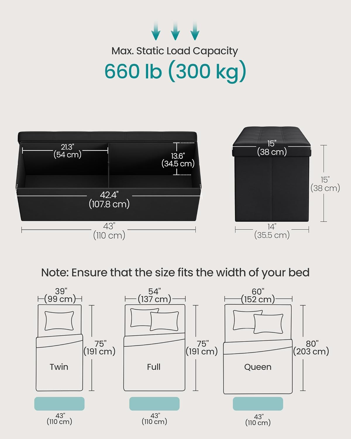 Diagram of ottoman interior and dimensions with 660 lb (300 kg) load capacity callout
