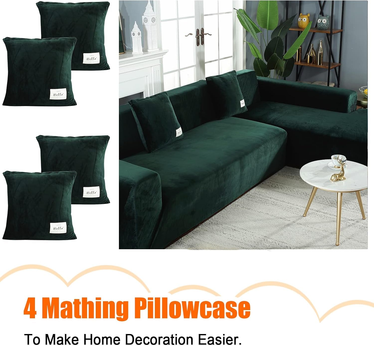 Set of four dark green velvet pillowcases shown alongside a fitted L-shaped sectional slipcover