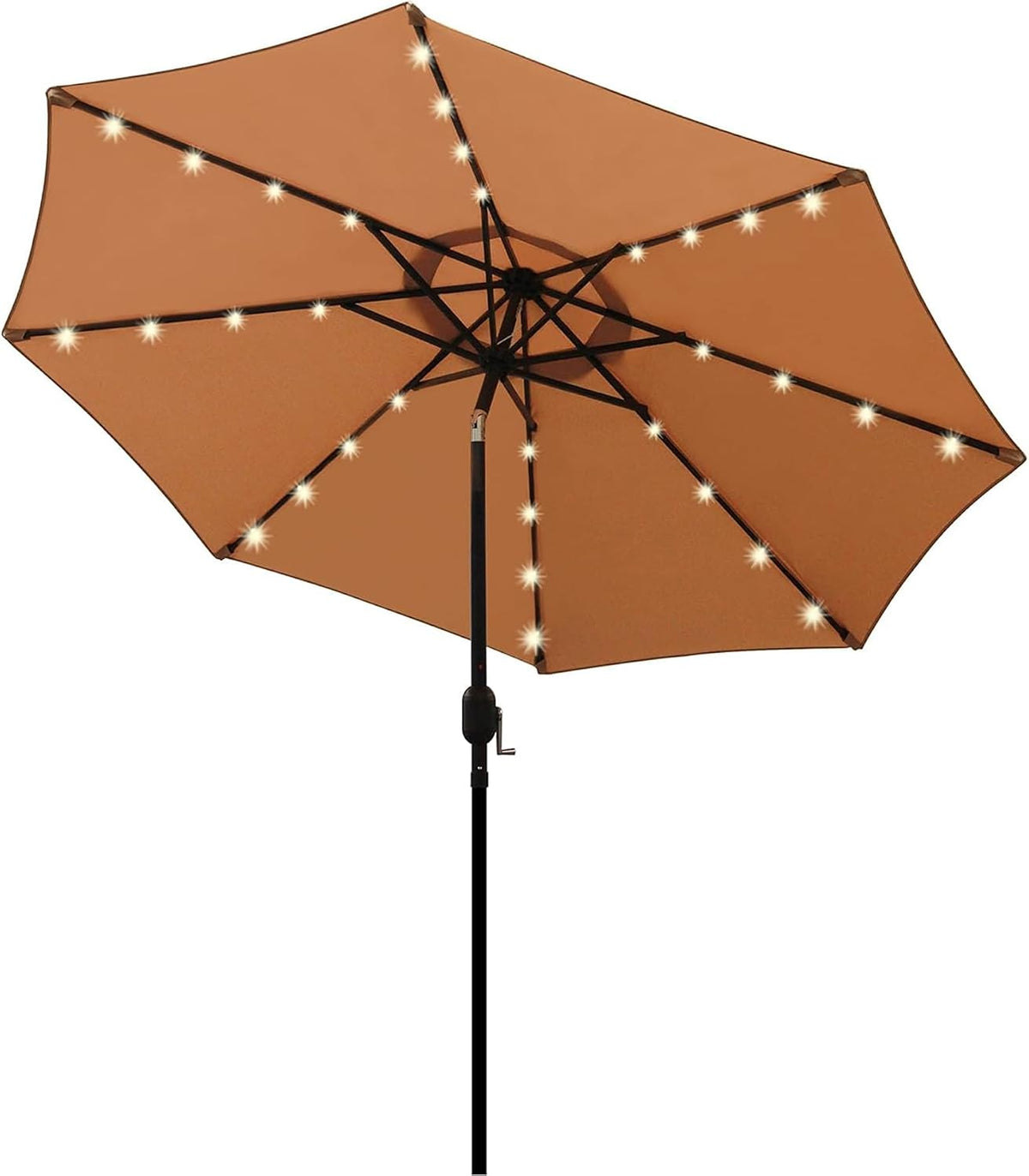 Rust-orange patio umbrella opened with LED lights along each rib and a central crank on the pole.