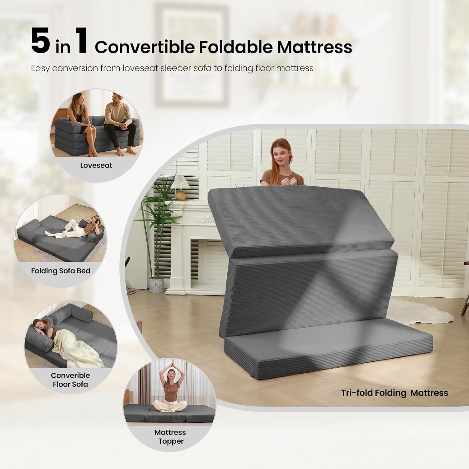 Promotional image of the mattress folding upright to demonstrate convertible tri-fold design in grey