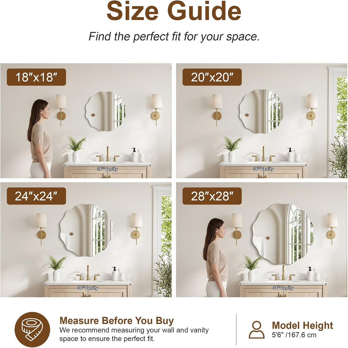 Four scalloped mirror size options (18, 20, 24, 28) shown over a vanity in a split layout