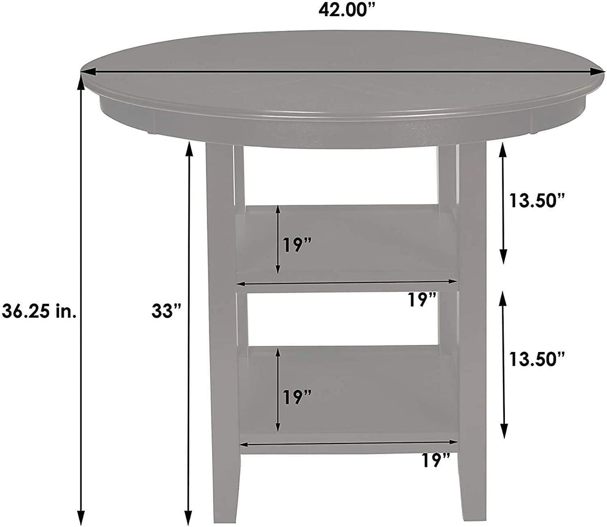 Annotated diagram of the round table showing measurements and two lower shelves with dimension arrows