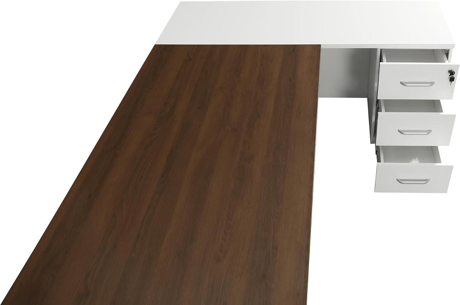 Overhead perspective showing the brown work surface and three built-in drawers on the return with drawers open