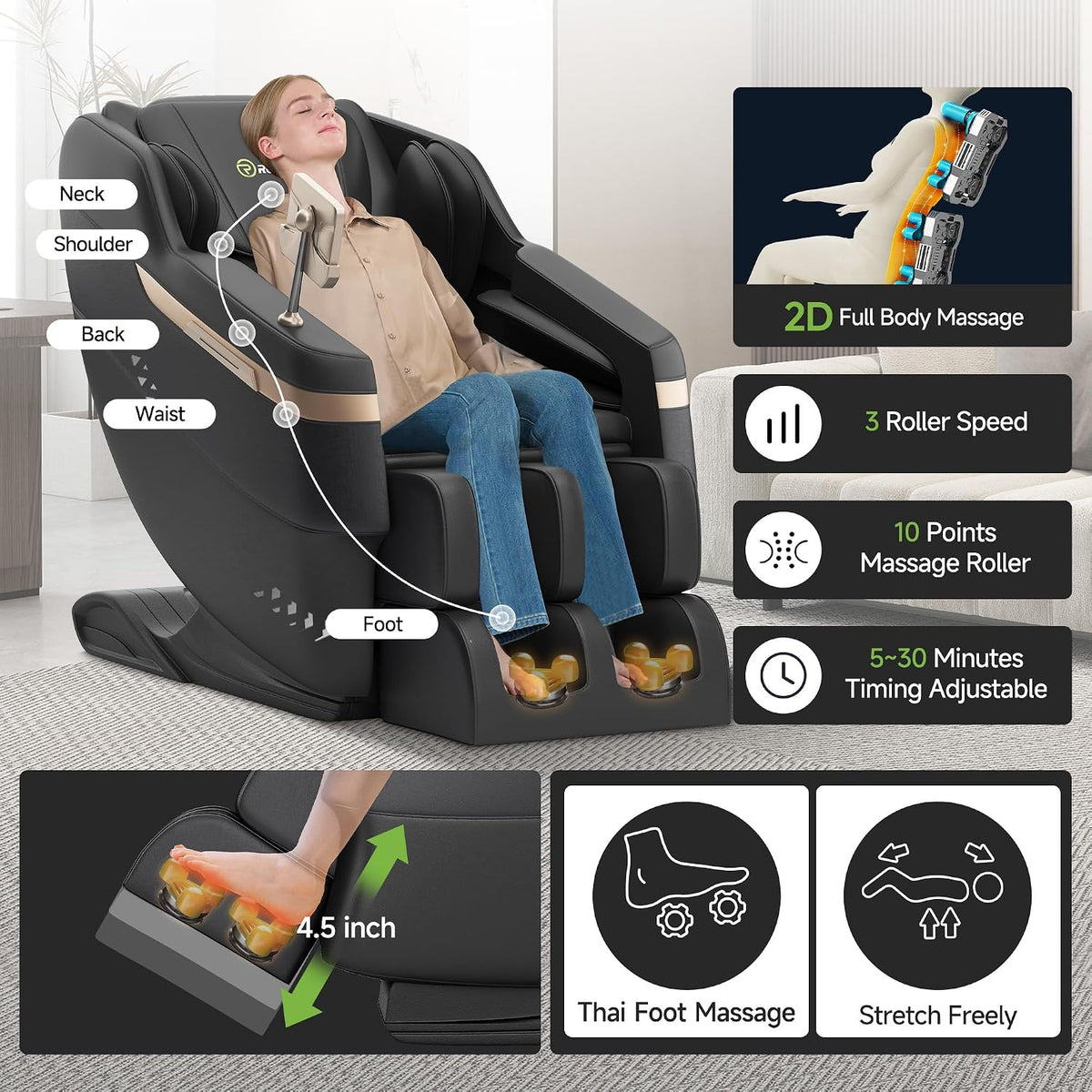 Person reclining in the chair with massage point overlay from neck to foot and a control tablet on the arm