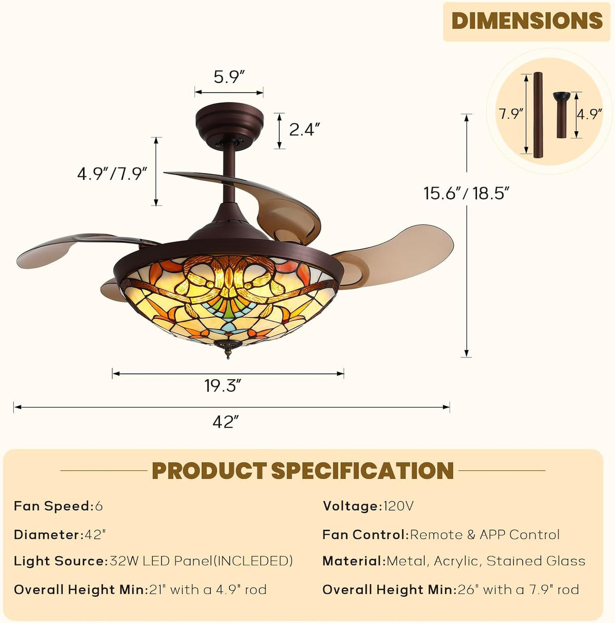 Dimension diagram showing 42-inch diameter and rod height measurements for the 42-inch variant