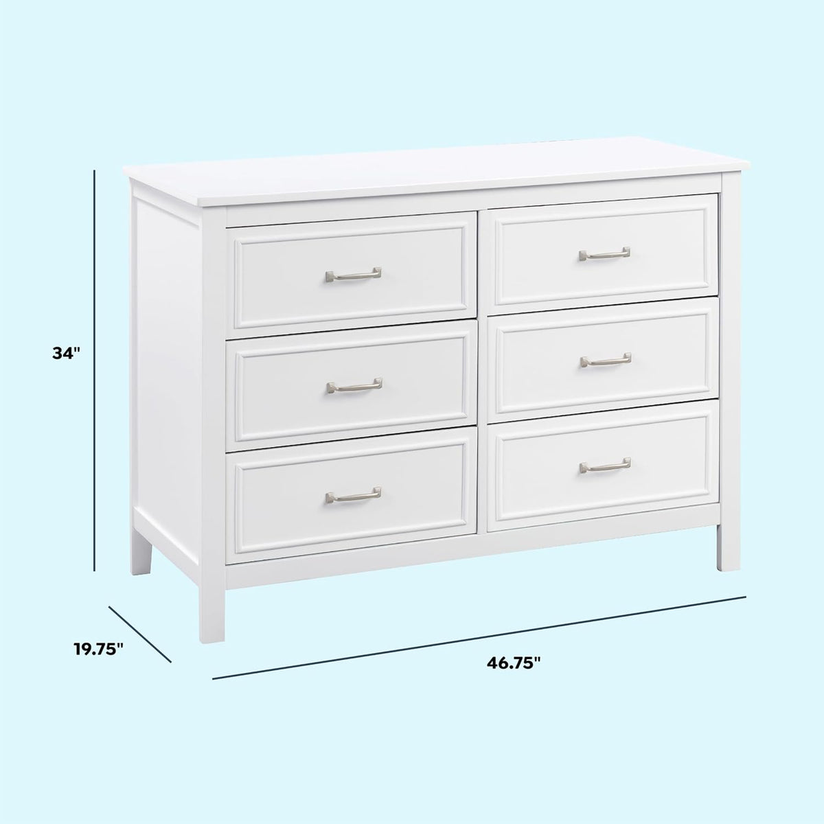 Three-quarter view of dresser with dimension lines showing height, depth, and width
