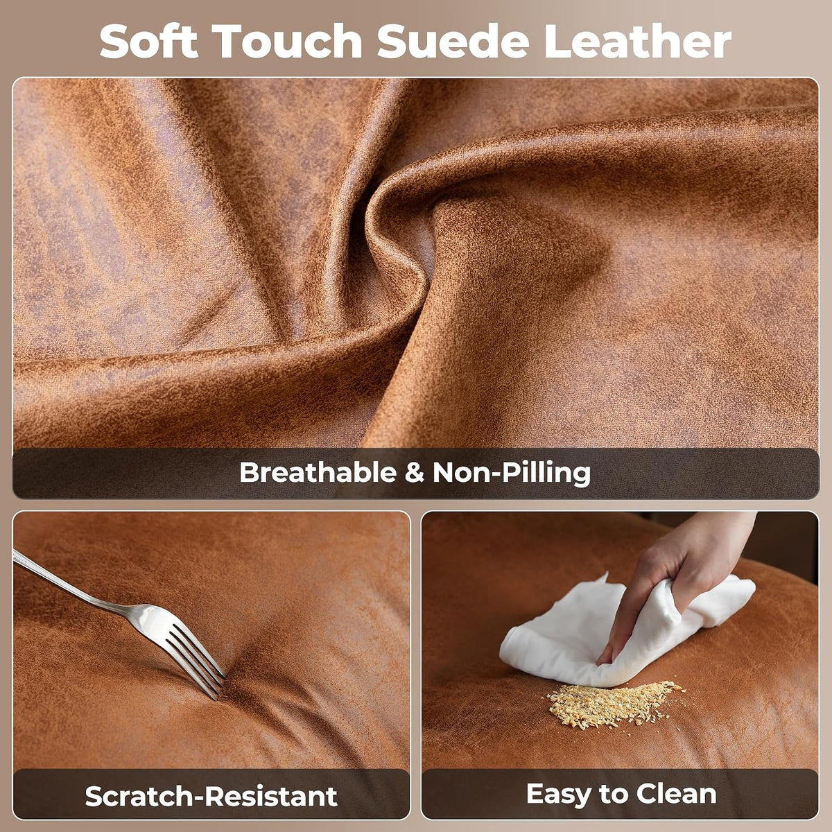 Three close-up panels of brown suede-like fabric showing texture, a fork pressed into material, and crumbs being wiped clean