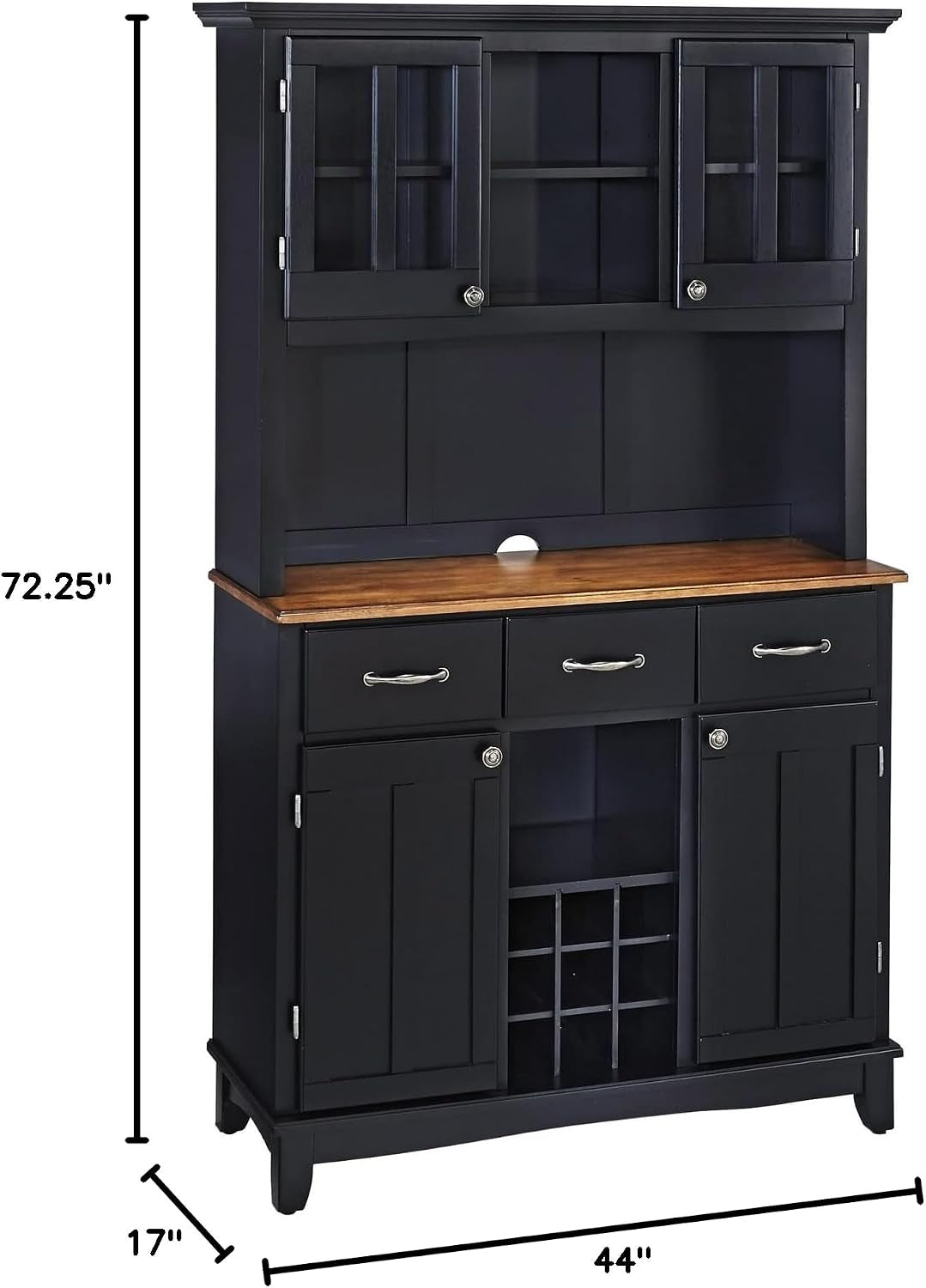 Front view with dimension overlays indicating overall height and width of the server with hutch