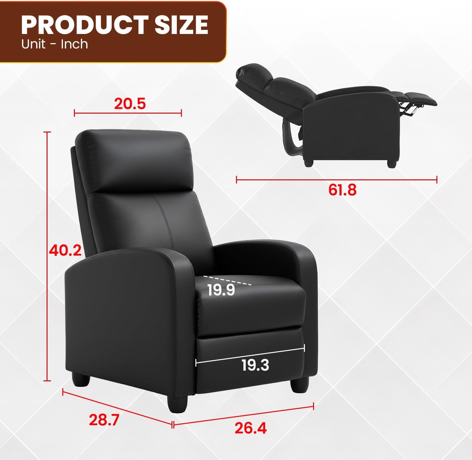 Dimension diagram of black recliner showing measurements and fully reclined length overlays