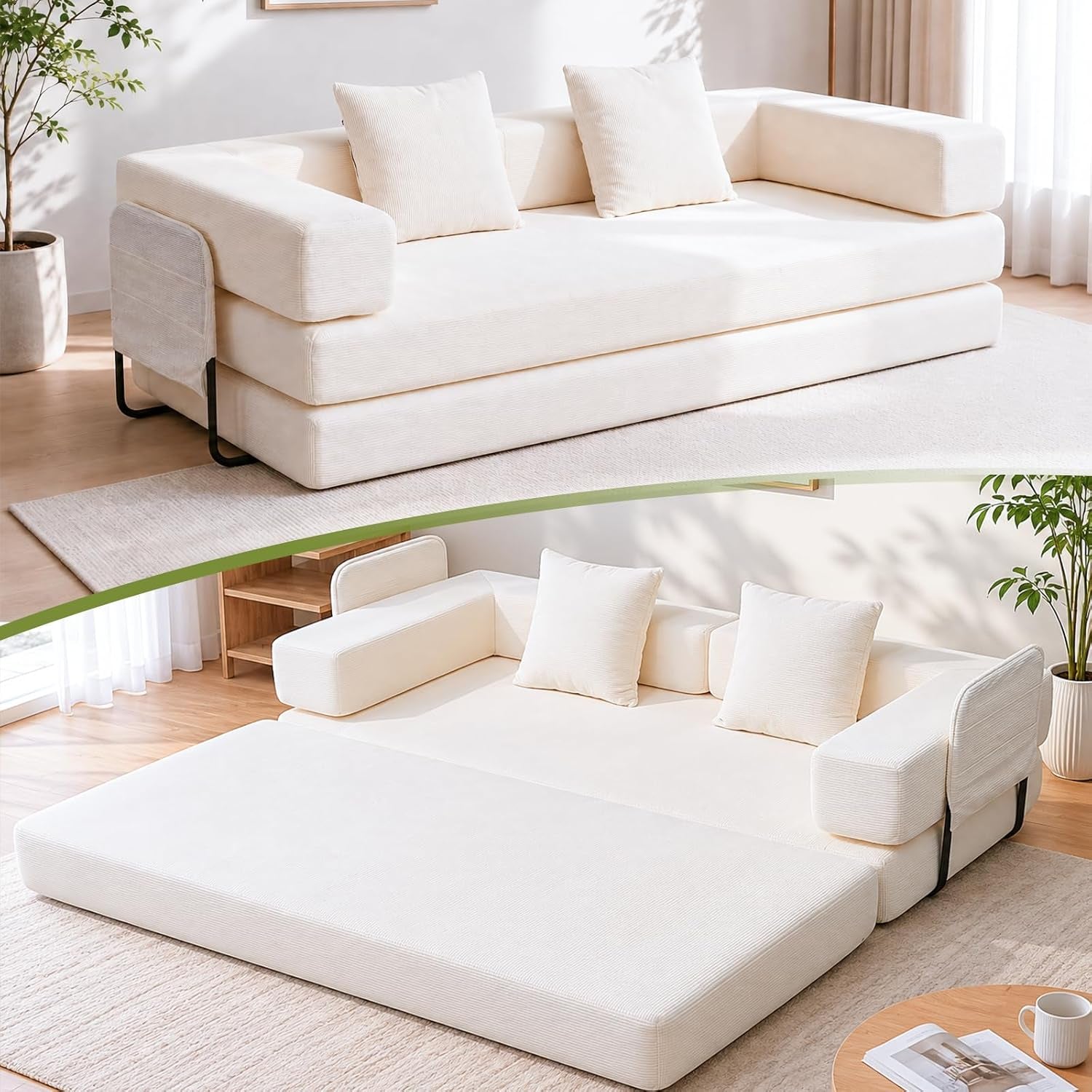 Two views of a cream corduroy loveseat: assembled sofa on top and fully opened flatbed on the bottom in a bright room.