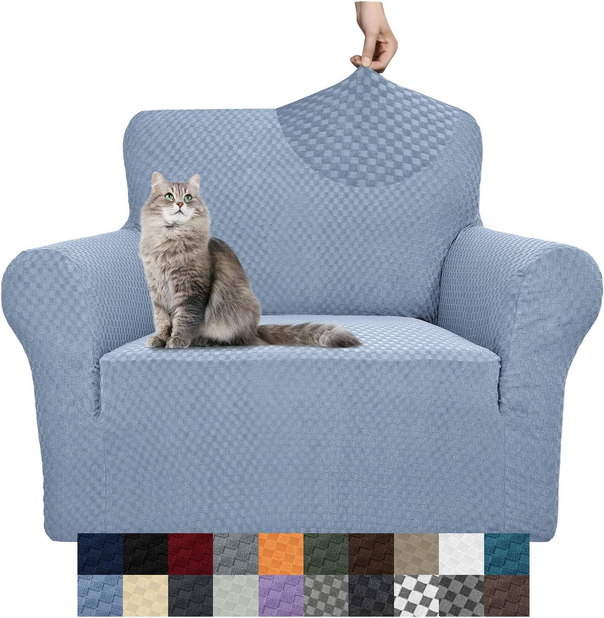 Single-seat chair in light blue textured cover with a cat on the seat and a hand stretching fabric at top