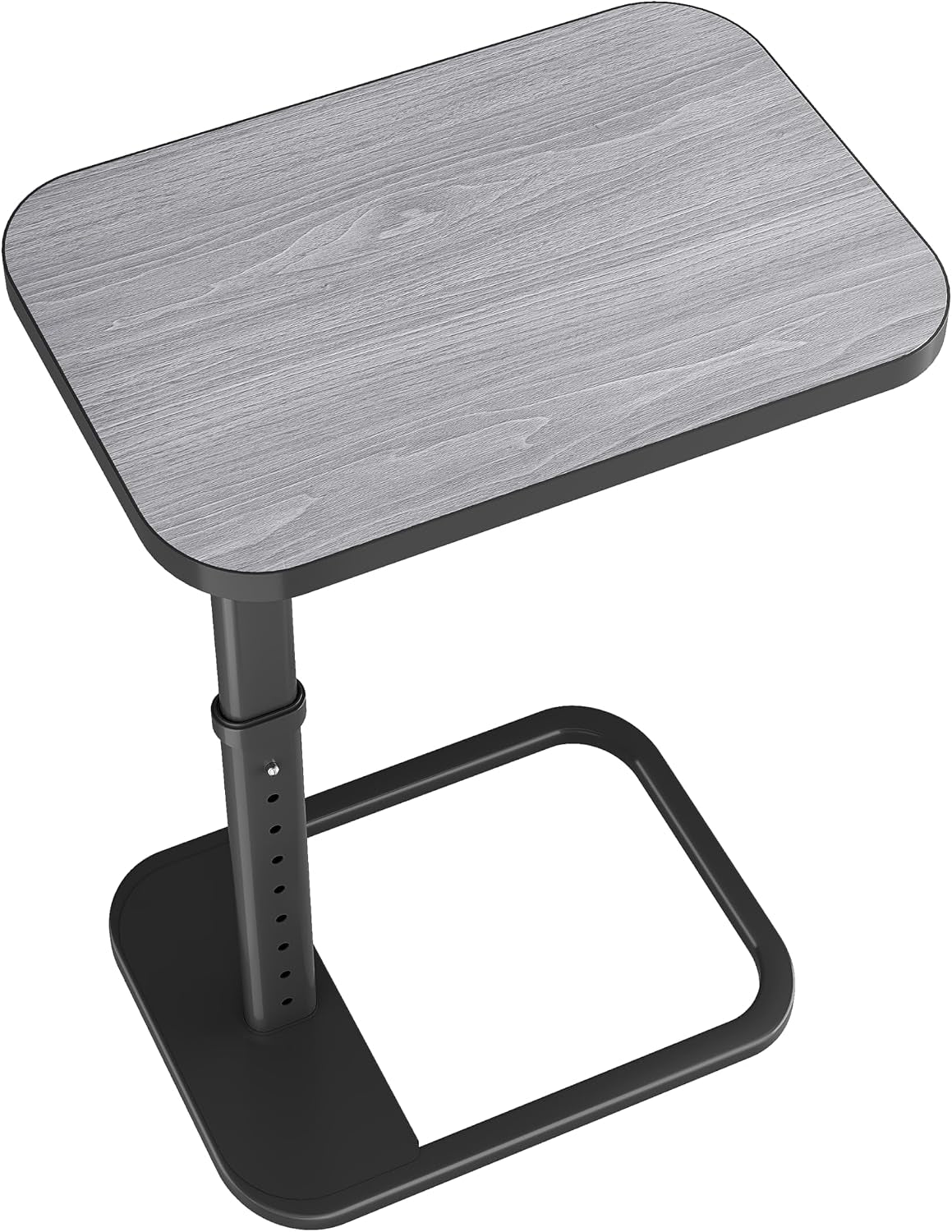 Angled view of a light gray wood-top C-shaped side table with black metal support and square base