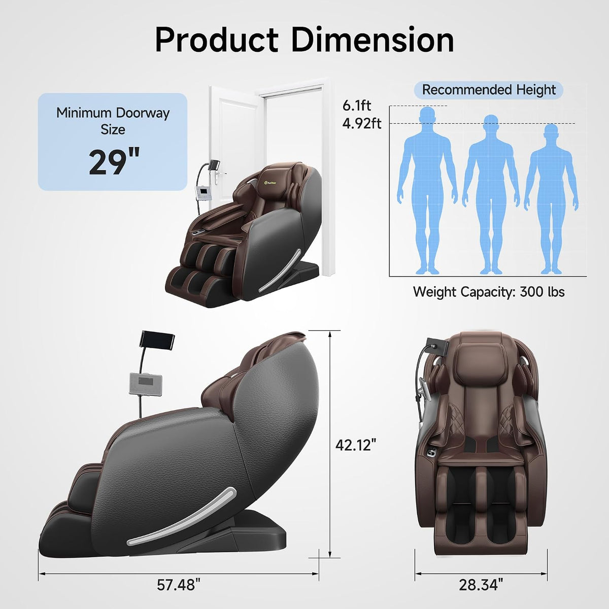 Graphic layout showing massage chair side and front views with doorway and recommended height illustrations