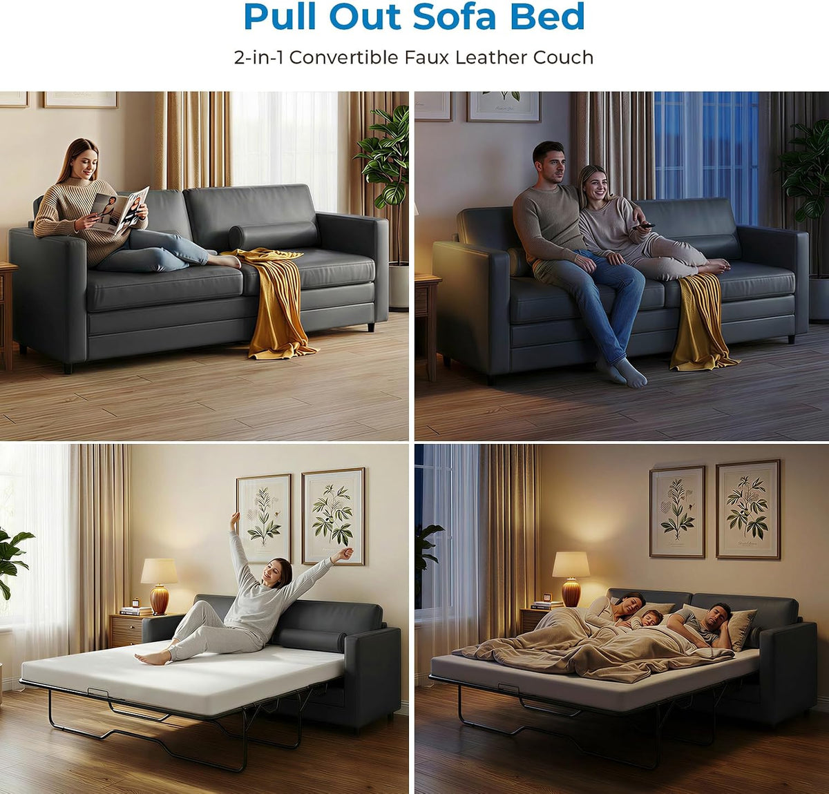 Collage of lifestyle scenes showing the dark grey faux leather sofa as a couch and converted bed with people