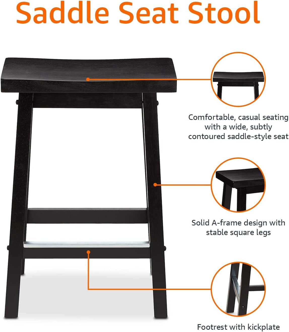 Black stool front view with orange callouts highlighting the saddle seat, A-frame legs, and footrest kickplate