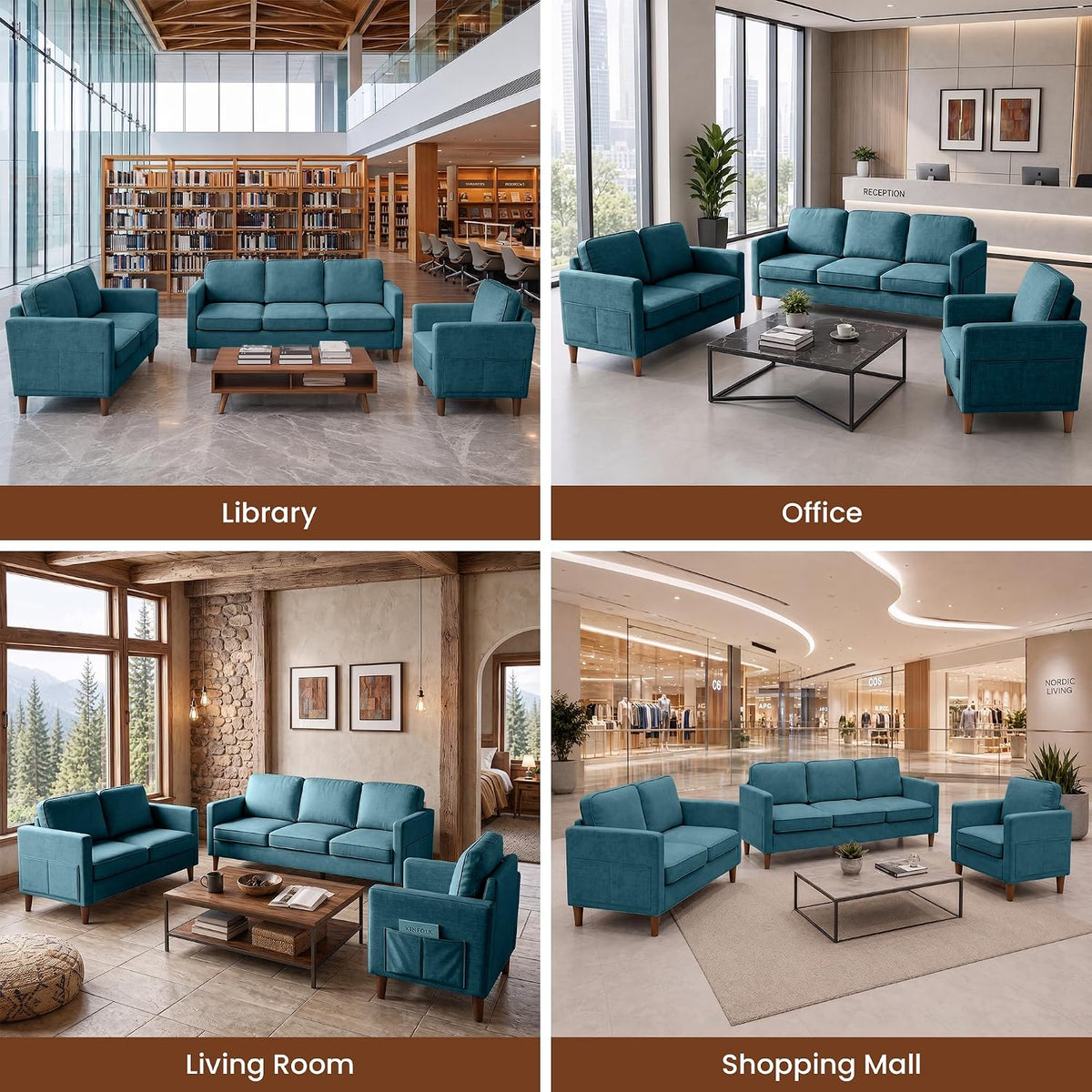 Four lifestyle scenes showing the teal three-seat sofa arranged in library, office, living room, and mall settings