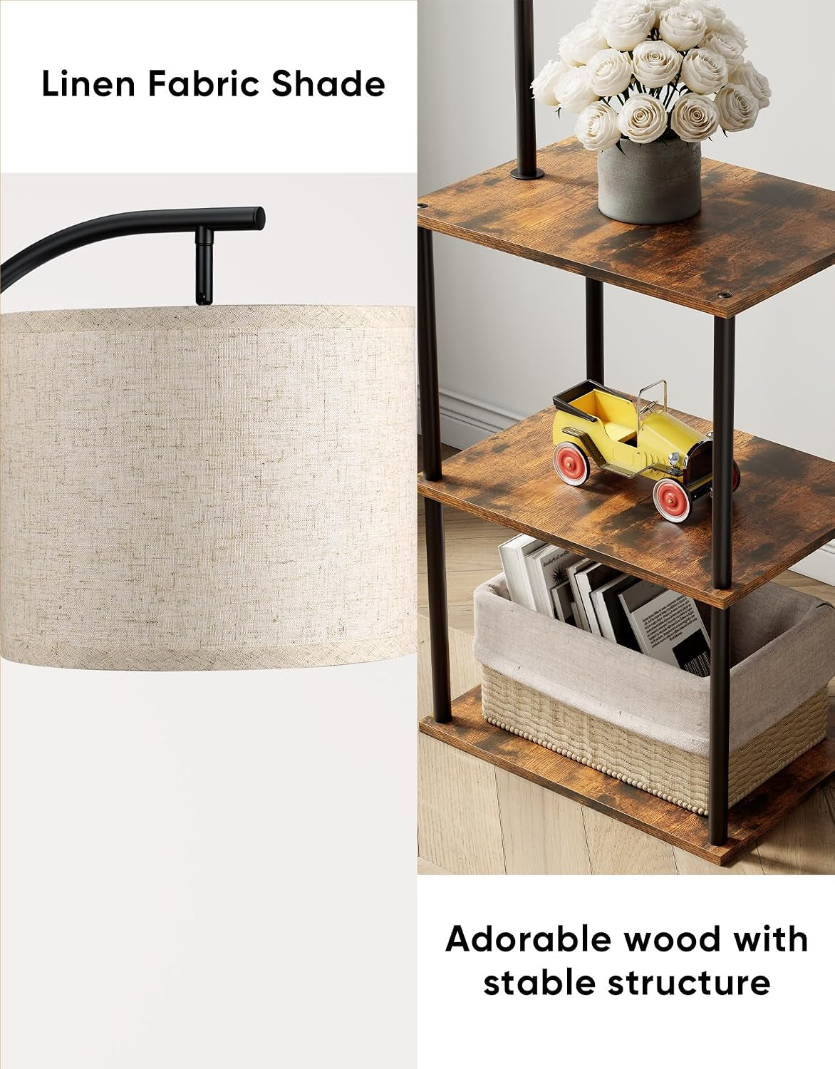 Close-up of linen fabric lamp shade and two wood shelves with metal pole supports