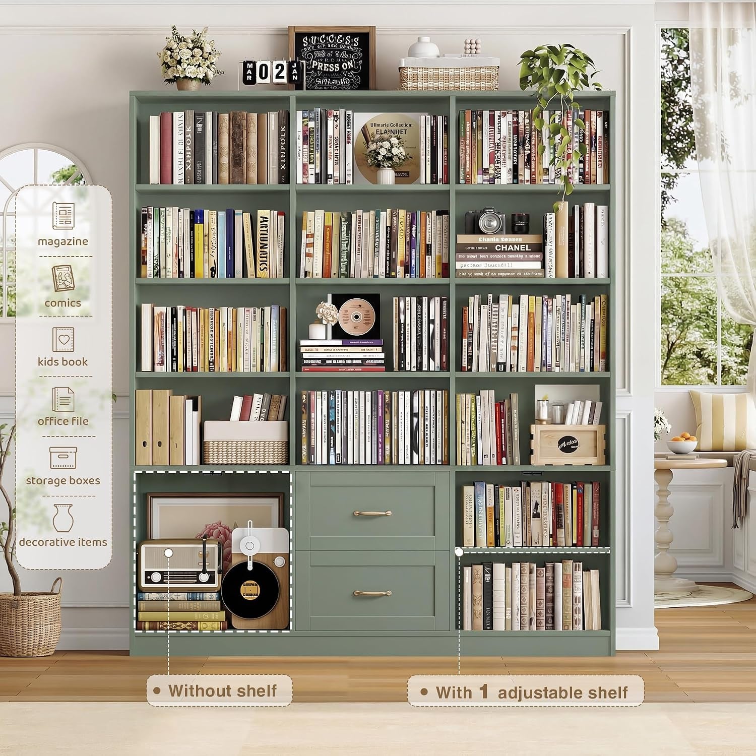 Front view of bookshelf with callouts showing one cabinet has an adjustable shelf.