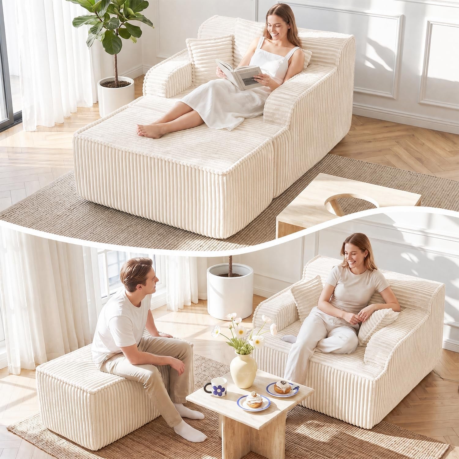 Beige corduroy chaise lounge with ottoman and three pillows shown as a single lounging setup in a sunlit living room