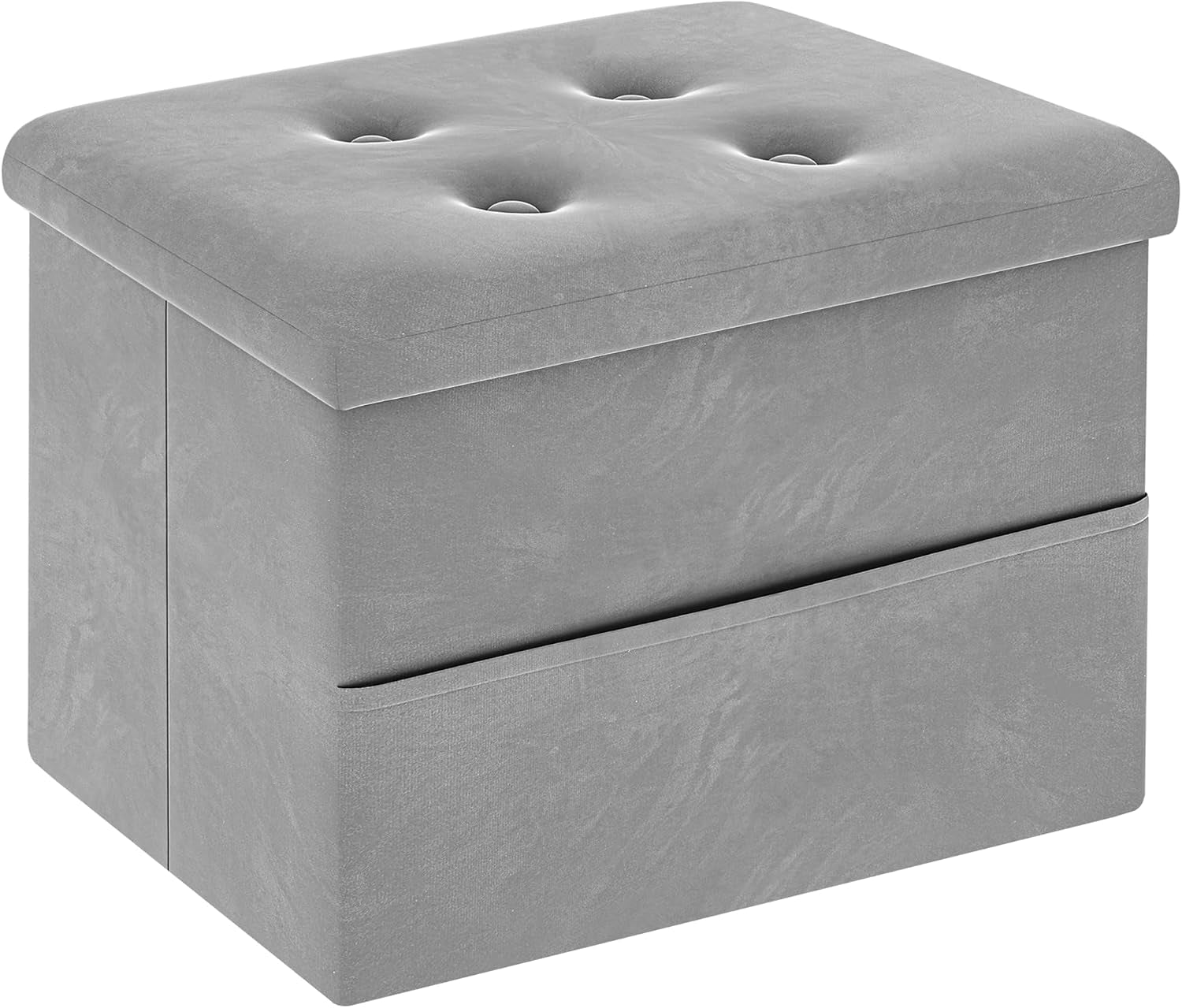 Gray velvet square storage ottoman with tufted top and side pocket, shown on a white background.