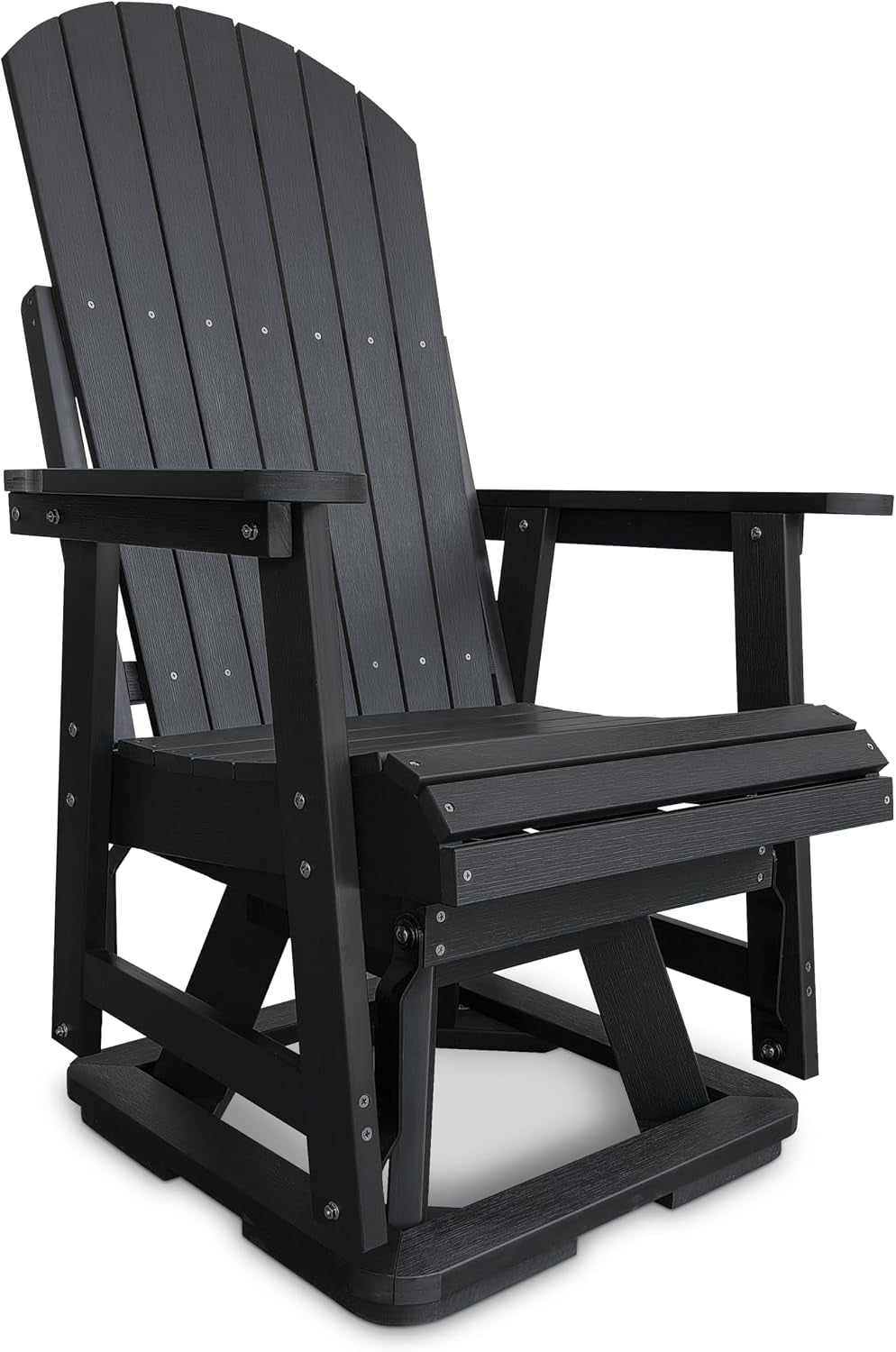 Three-quarter front-right view of a black outdoor glider showing slatted seat, armrests and swivel base