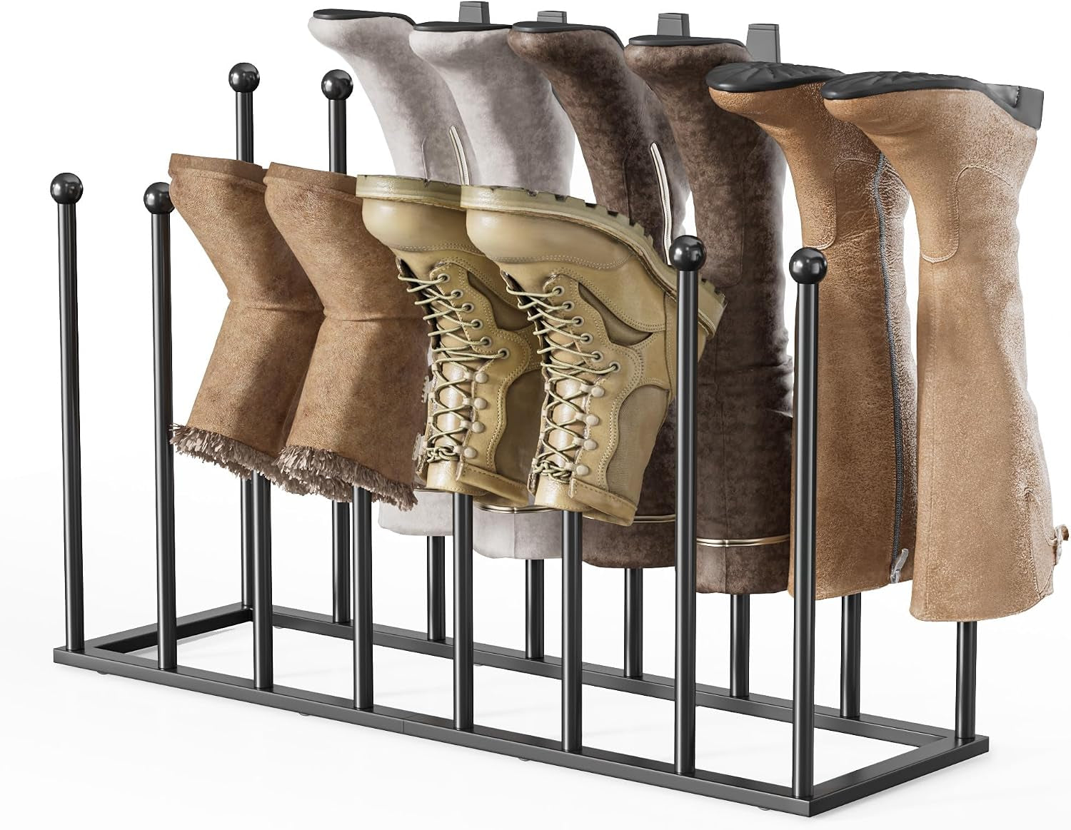 Isolated studio shot of the freestanding metal boot rack with boots on a white background