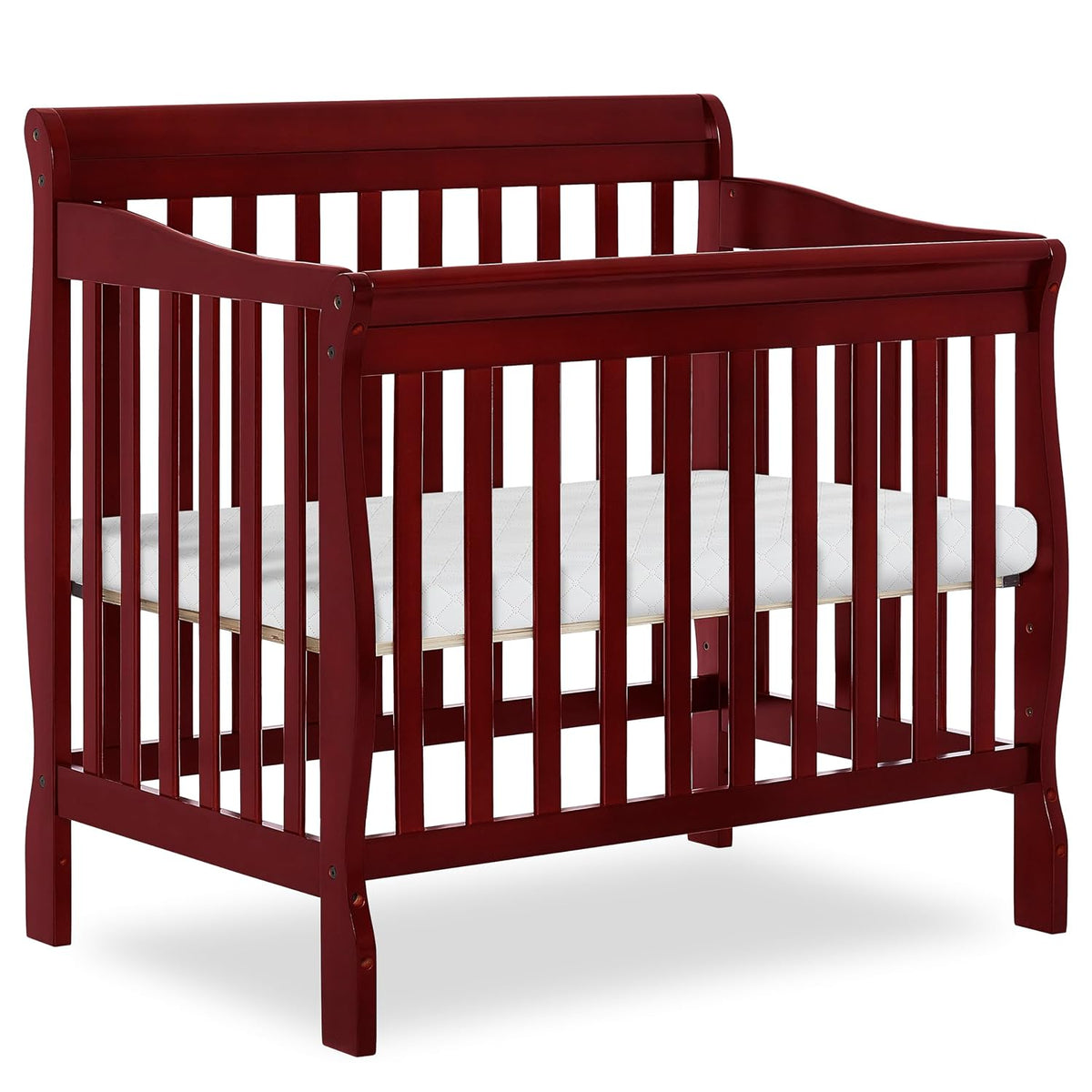 Dark red (cherry) mini crib on white background with visible slats and mattress.