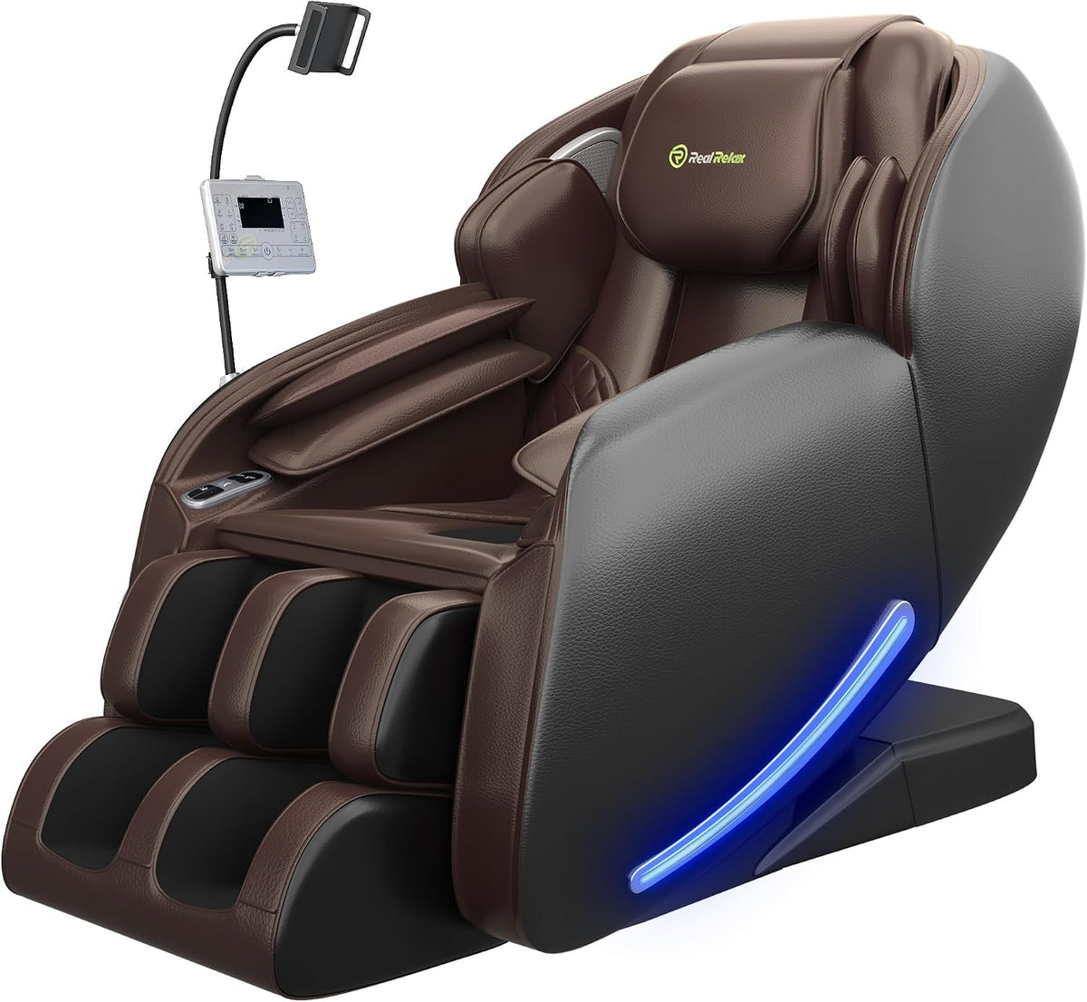 Dark brown massage chair angled front-right on a white background showing phone holder, LCD screen and blue LED strip