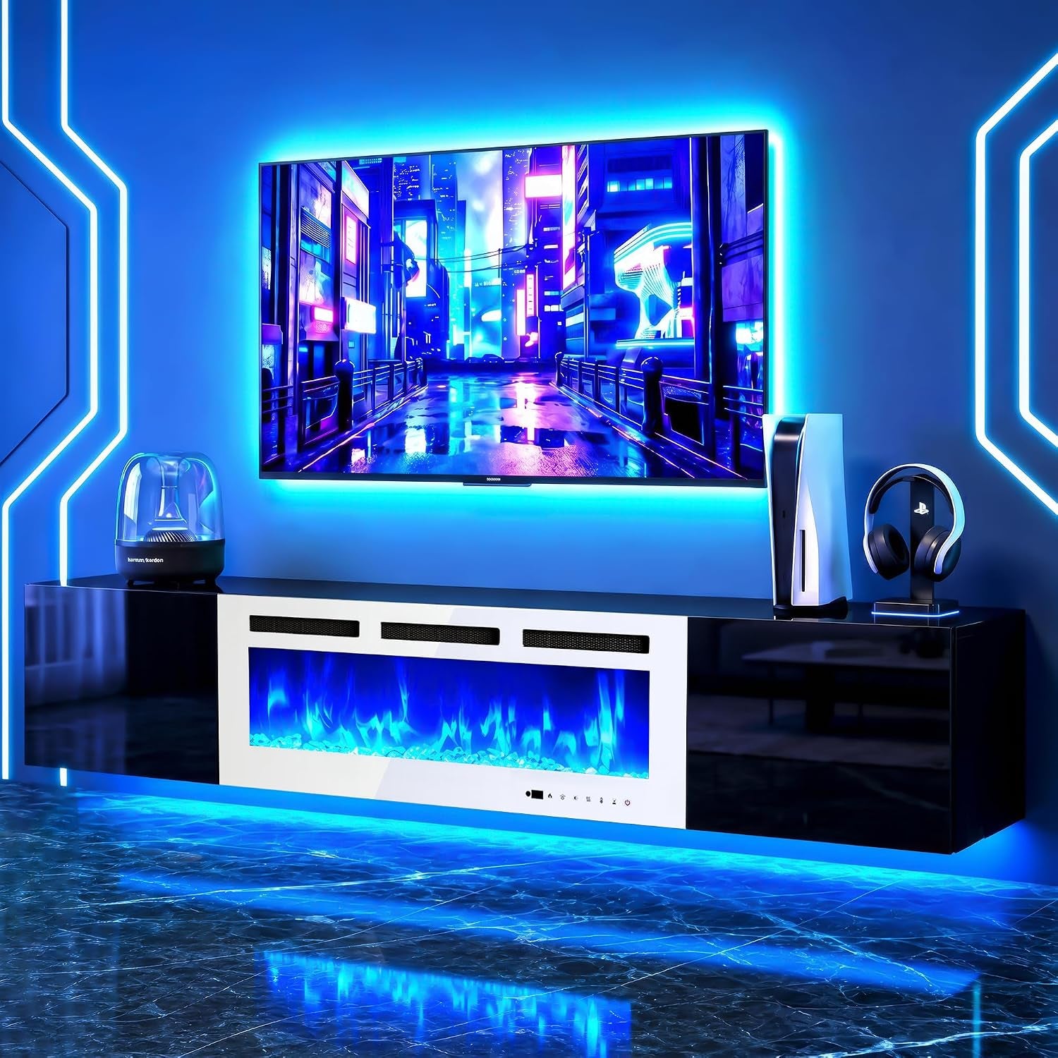 Low-profile TV stand with white center fireplace panel and glossy black sides lit by blue LED accent lighting.