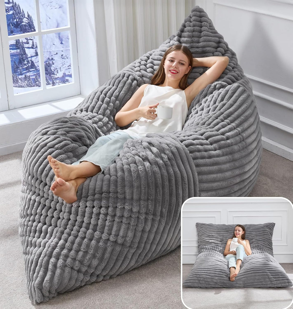 Woman relaxing on a ribbed grey memory-foam bag chair near a window; inset shows the same piece flattened into a wide seat.